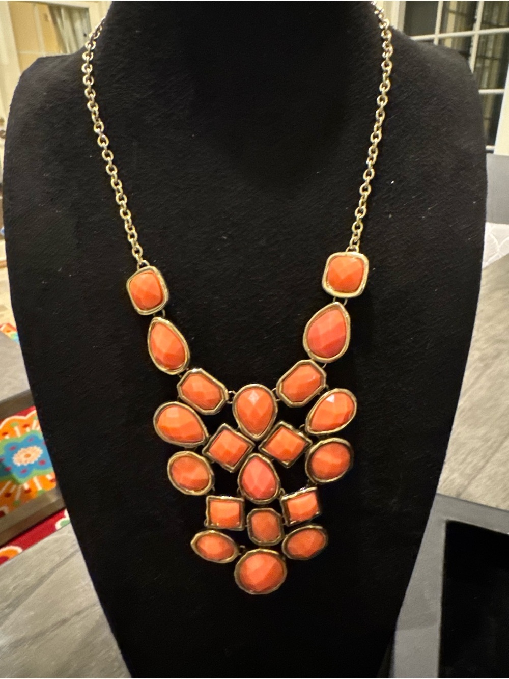 etc! Coral Orange Faceted Statement Necklace Gold Tone Bib Chunky Signed